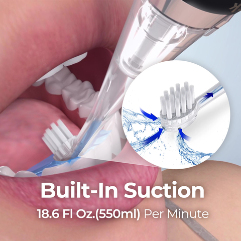 Bluereo electric suction toothbrush G100 Pro in use cleaning teeth with built in suction removing liquid and debris safely