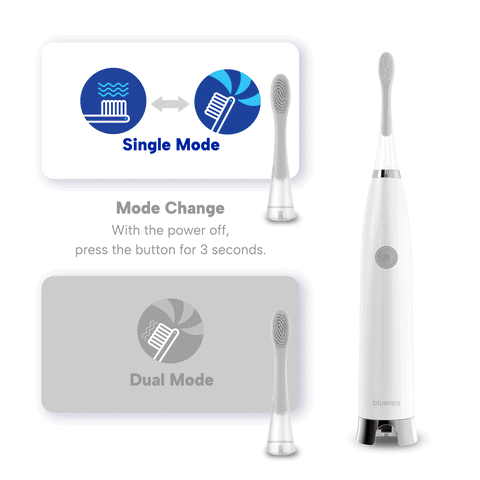 Bluereo G100 electric suction toothbrush showing single and dual mode settings with button control