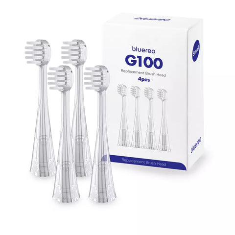 Close-up of Bluereo G100 and G100 Pro brush heads arranged side-by-side, showcasing their sleek design and soft bristle details.