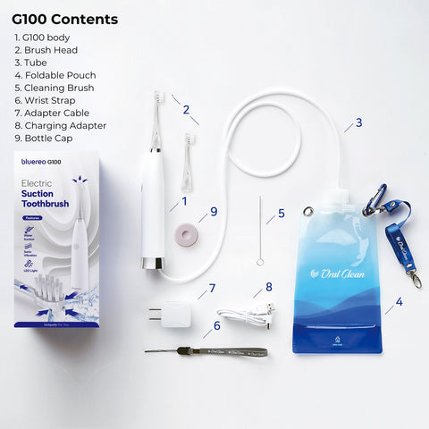 Bluereo G100 electric suction toothbrush contents including main body brush heads tube pouch and accessories