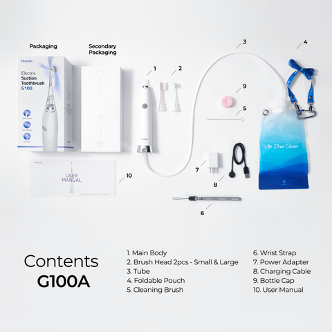 Bluereo G100A electric suction toothbrush package contents including main body brush heads tube pouch and accessories